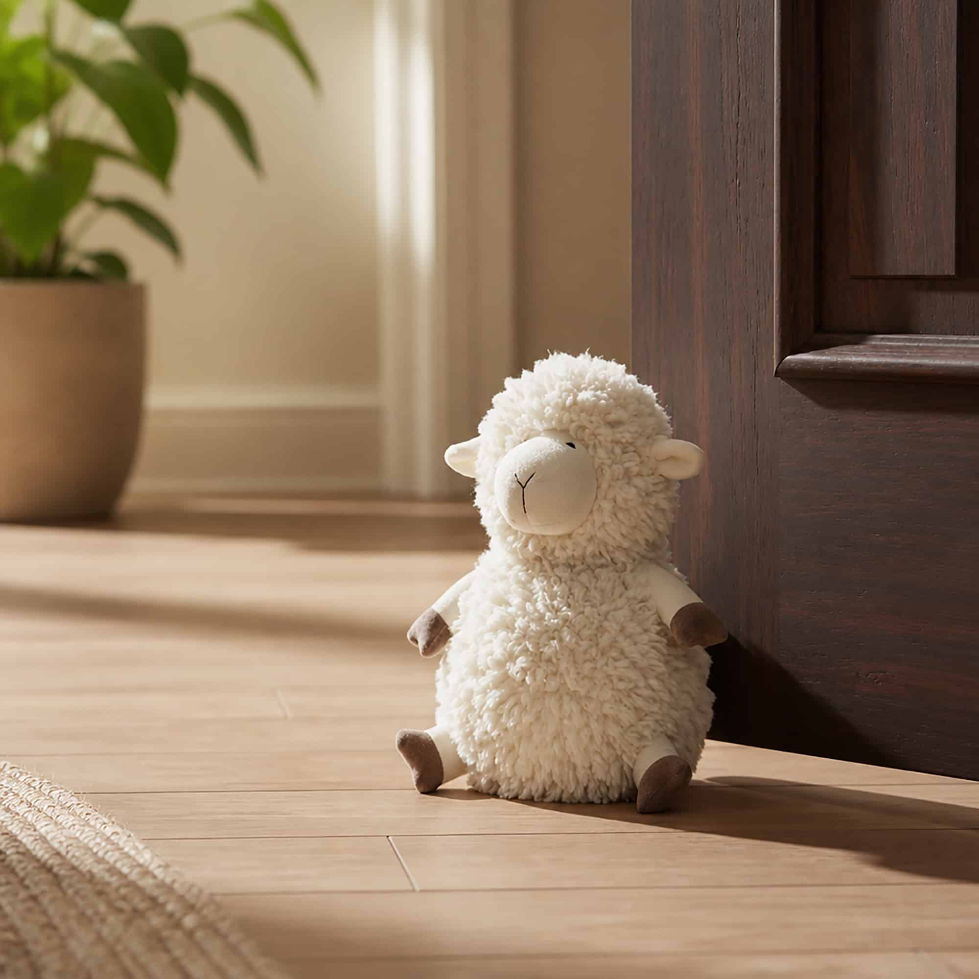 Cream sheep door stopper propping open a dark wood door on hardwood floor, potted plant in the background.