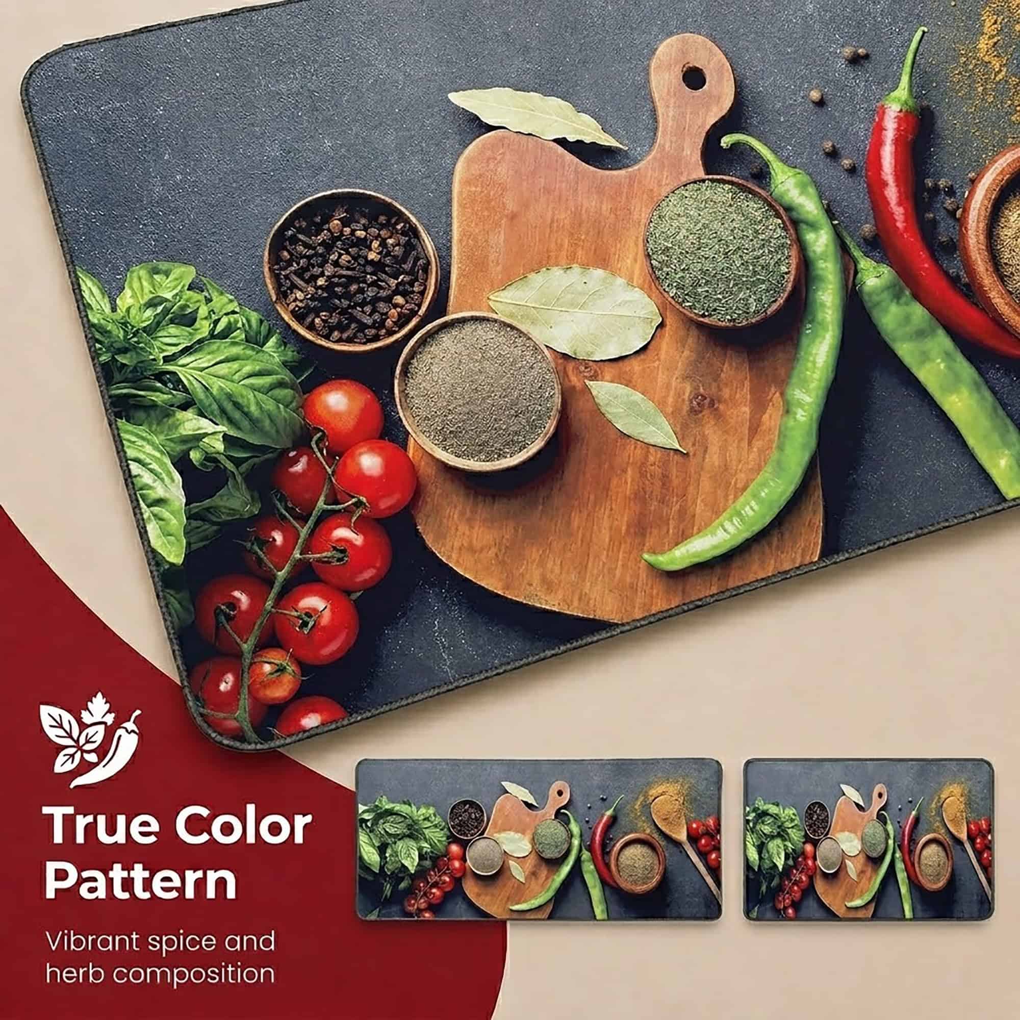 Close-up of the kitchen mat surface, highlighting the basil, tomatoes, chili peppers, and spice bowls of the culinary photo in crisp detail.