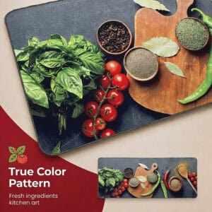 Close-up of the kitchen runner surface showing the basil, tomatoes, chili peppers, and spice bowls of the culinary photo in sharp, true color detail.