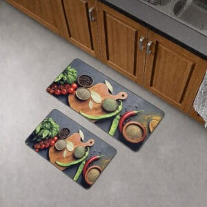 The runner and standard mat placed together on a gray floor in front of wood kitchen cabinets, showing both pieces of the set.