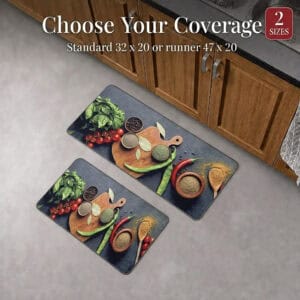 Both the standard mat and the longer runner shown together near wood cabinets, noting two available sizes, thirty-two by twenty and forty-seven by twenty inches.