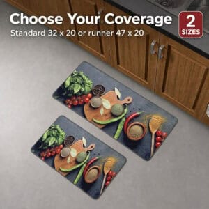 Both the runner and the smaller standard mat shown together near wood cabinets, offered in two sizes, forty-seven by twenty and thirty-two by twenty inches.
