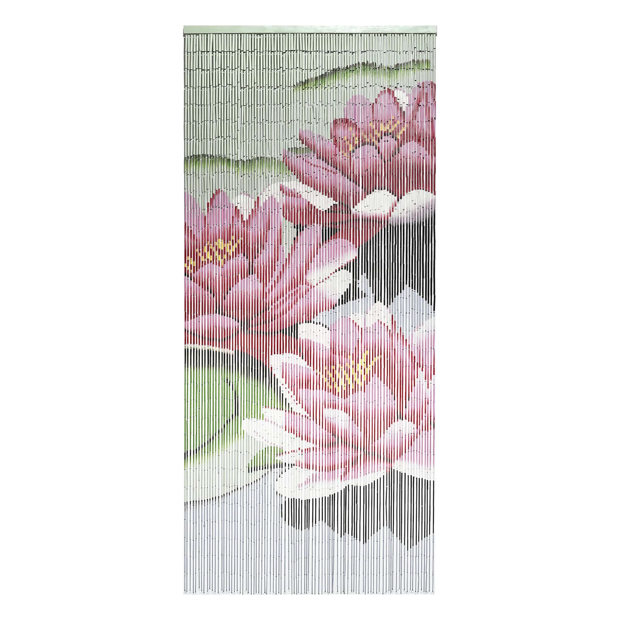 A decorative bamboo beaded curtain featuring a hand-painted design of pink lotus flowers and green leaves, creating a serene and artistic look.