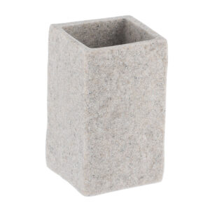 A close-up view of a gray bathroom tumbler with a stone-effect texture, showcasing its minimalist rectangular design.