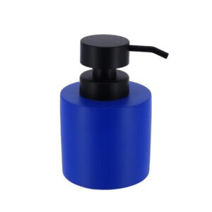 Sleek blue soap dispenser with black pump