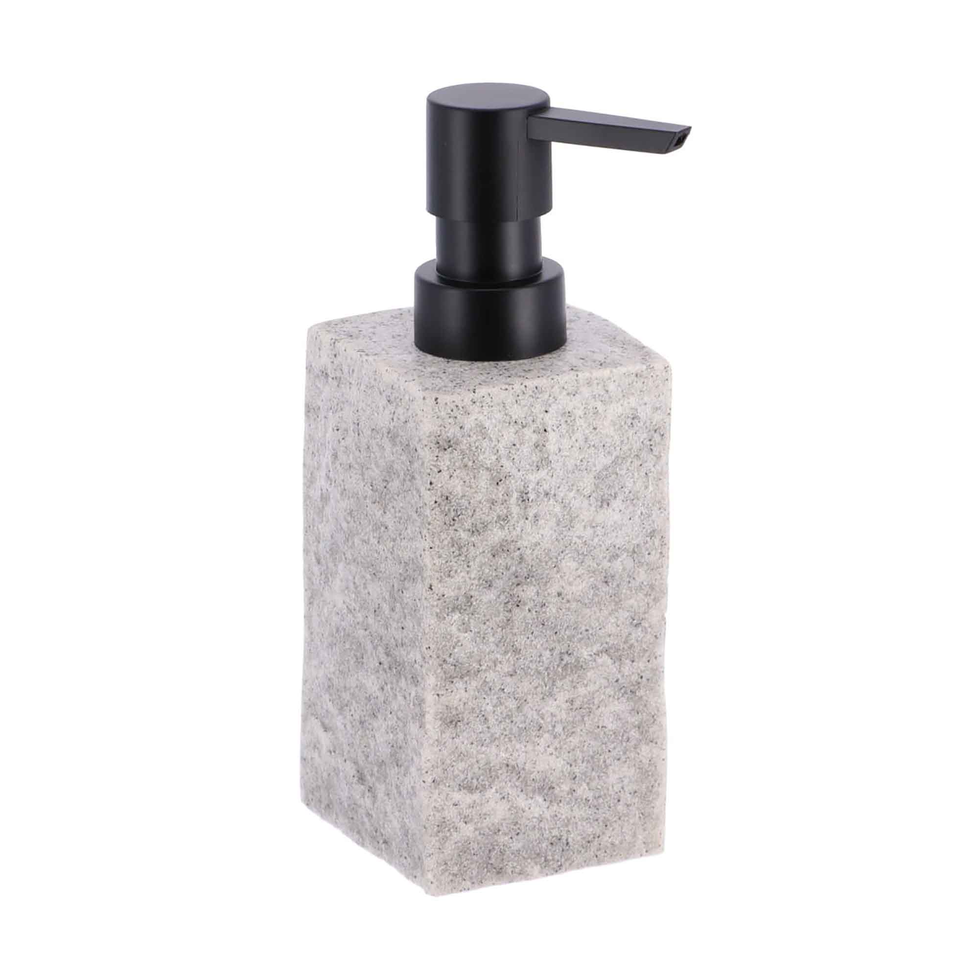 A close-up view of a gray stone-effect soap dispenser with a sleek black pump, showcasing its minimalist design.