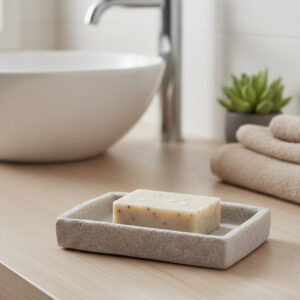 Gray stone effect soap dish holding bar soap on bathroom countertop