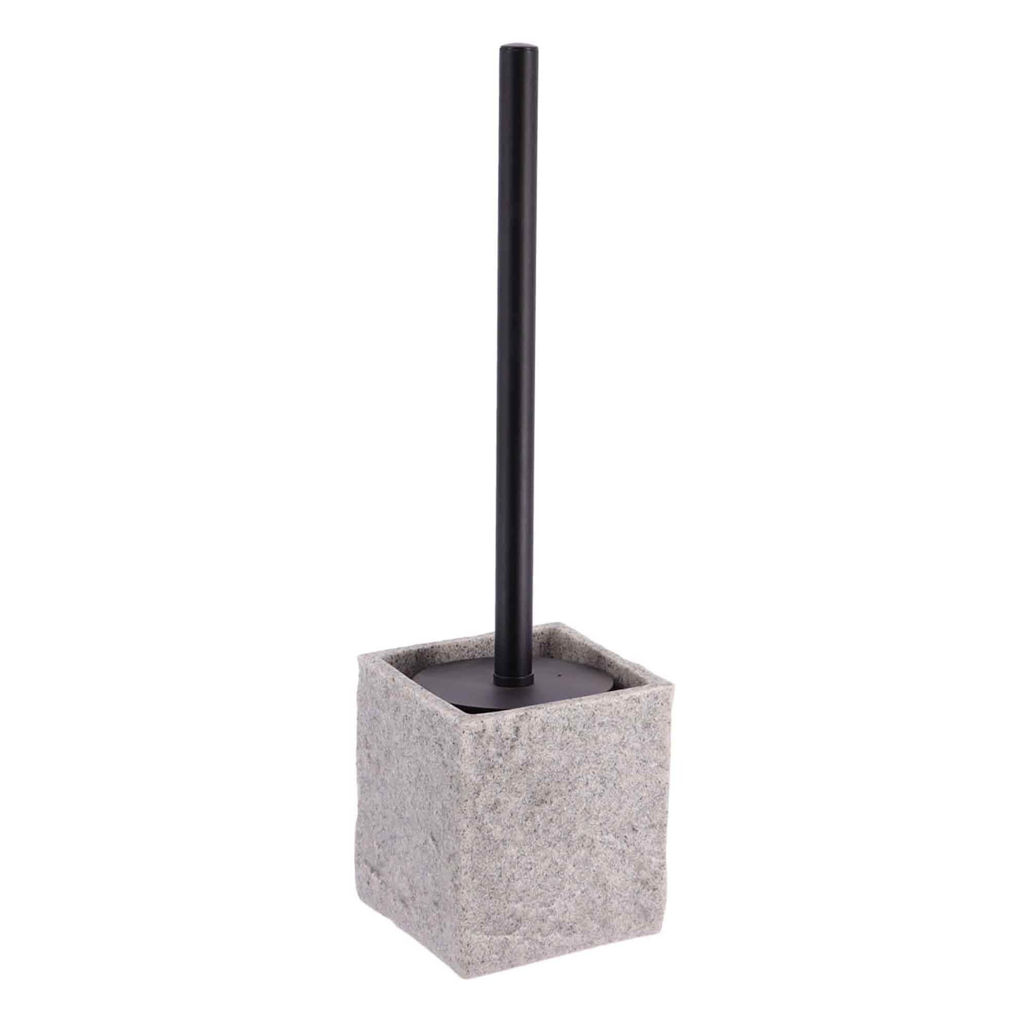 A gray stone-effect toilet brush holder with a sleek black handle, showcasing a minimalist and modern design.