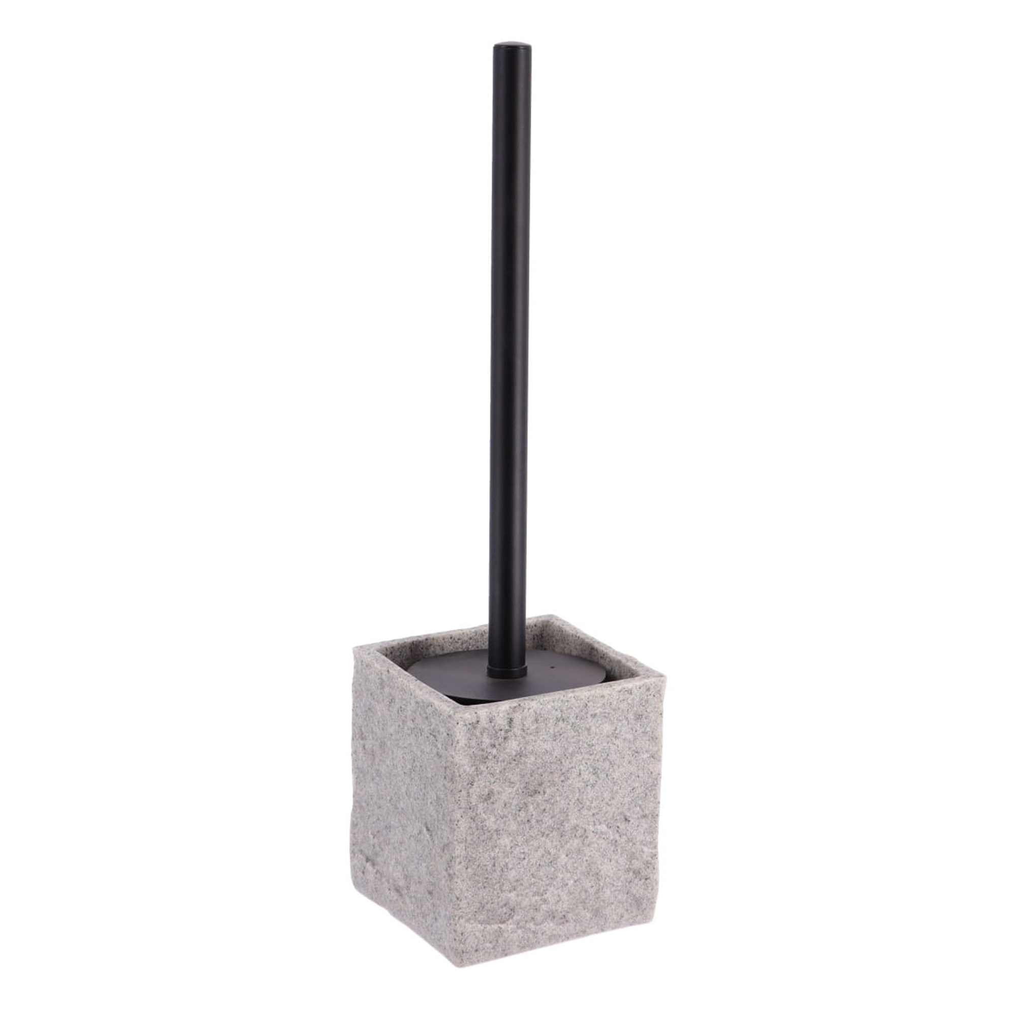 Gray stone effect toilet brush with black handle in square holder on white background