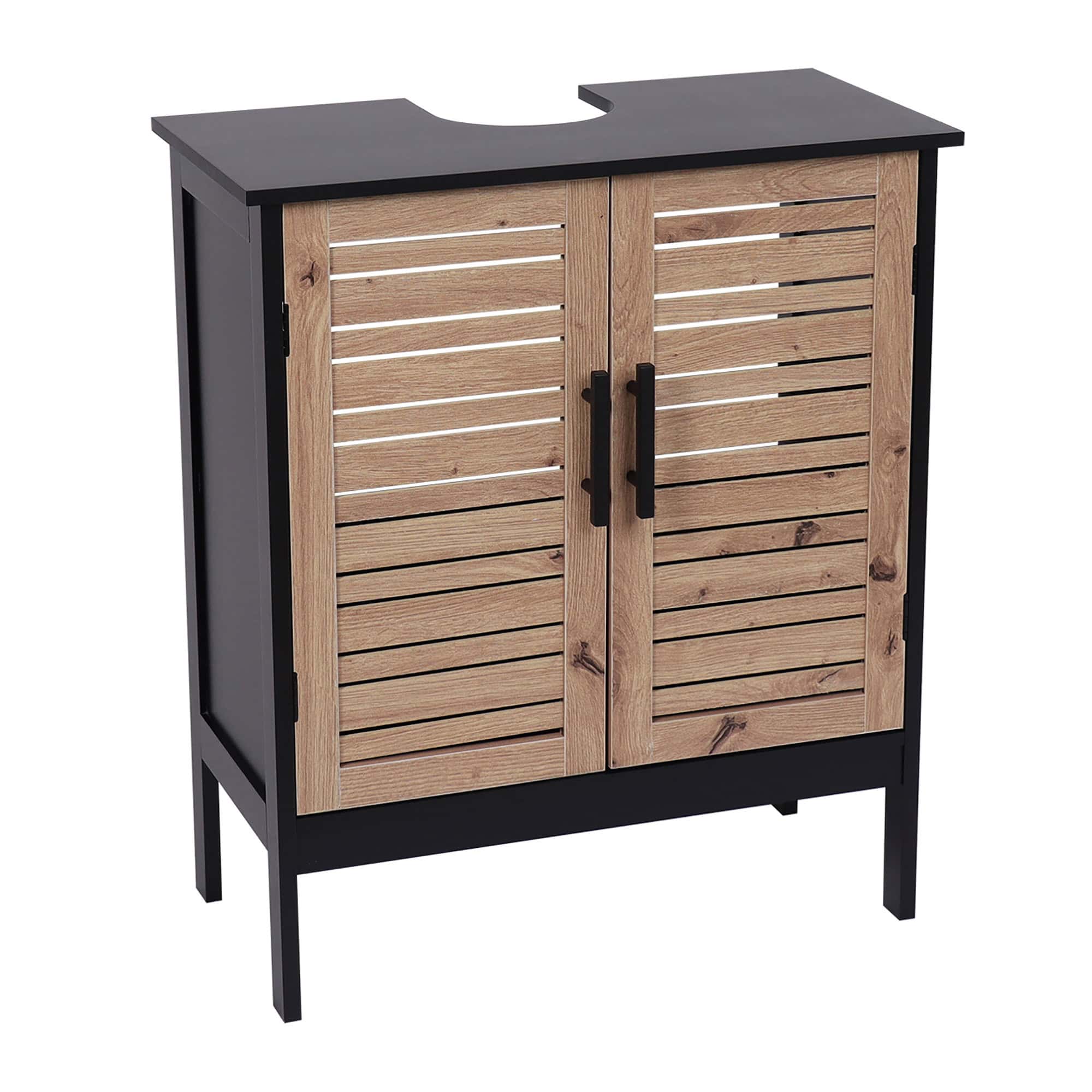 A freestanding bathroom cabinet with a black frame, wooden vented doors, and black metal handles. Features a U-shaped cut-out on the top for plumbing