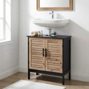 “Black under-sink cabinet with wood vented doors and wall-mounted sink”