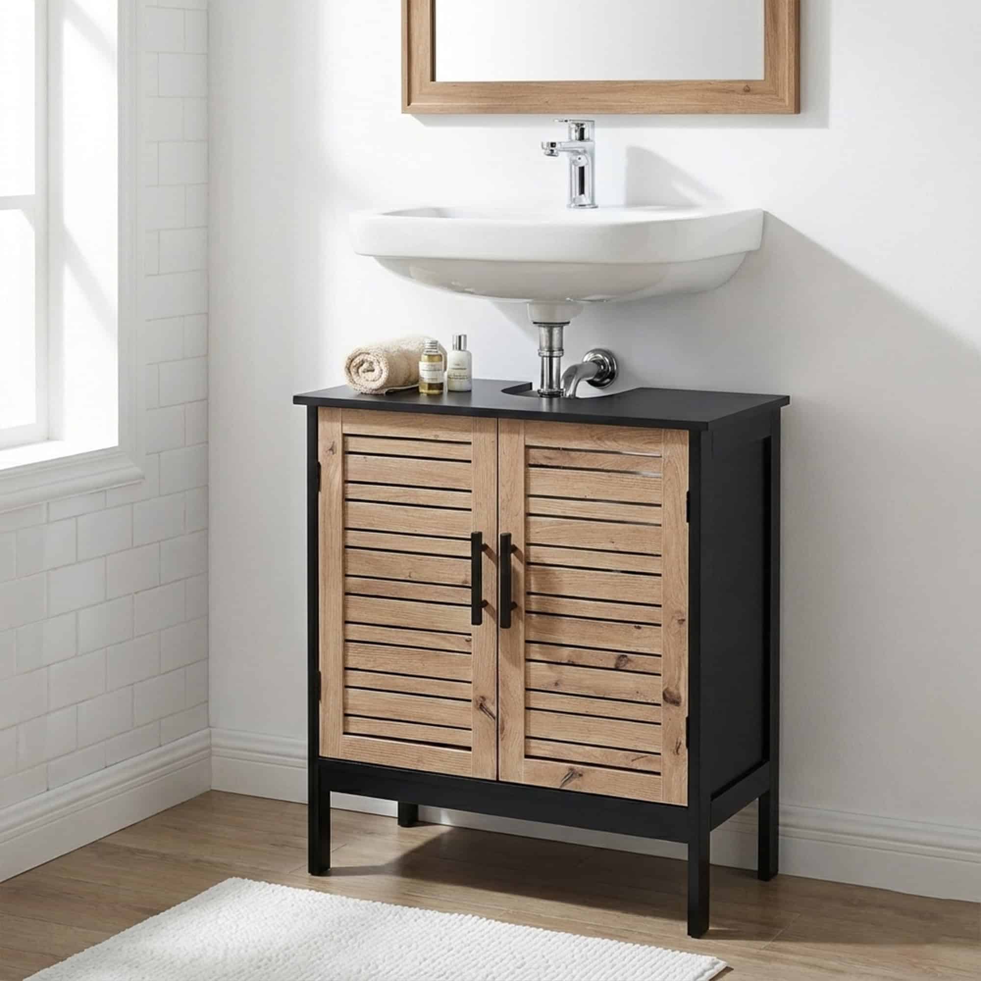 “Black under-sink cabinet with wood vented doors and wall-mounted sink”