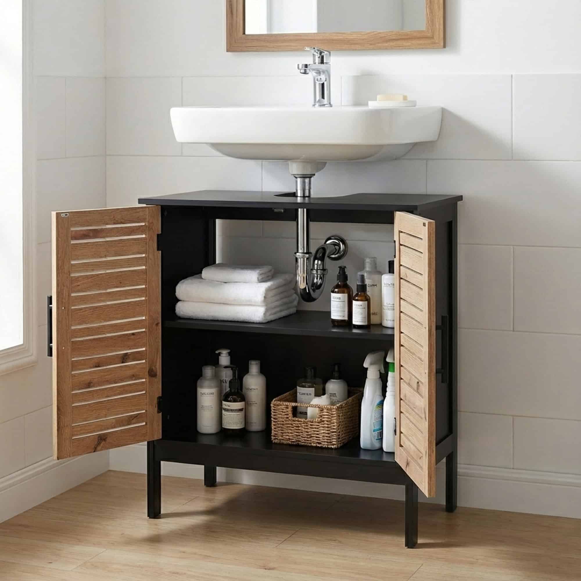 “Black under-sink cabinet open showing shelves with towels and bottles”