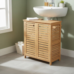 “Bamboo under-sink bathroom cabinet with double slatted doors in a modern bathroom”