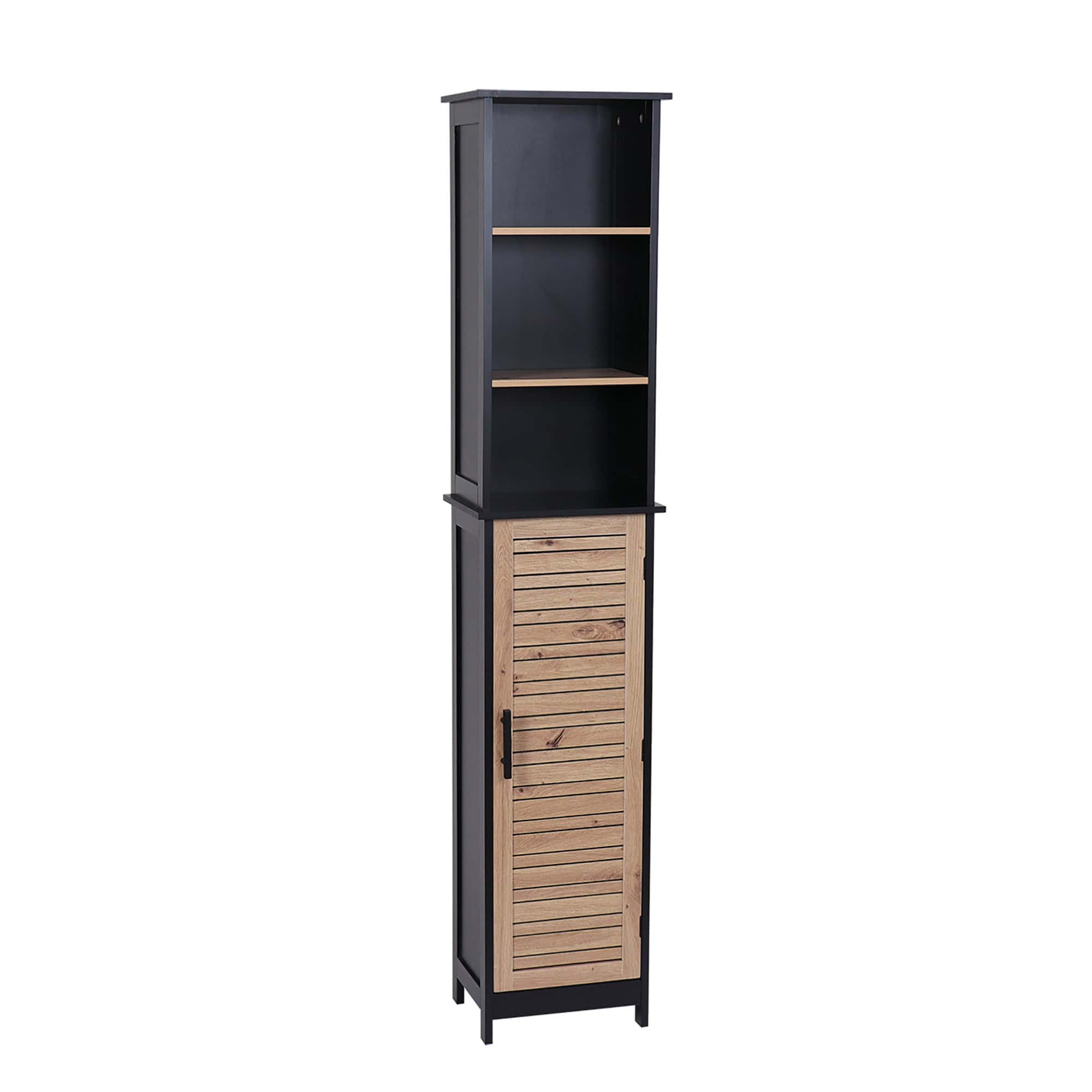 A freestanding black and wood storage cabinet with open shelves and a lower door with a vented design.