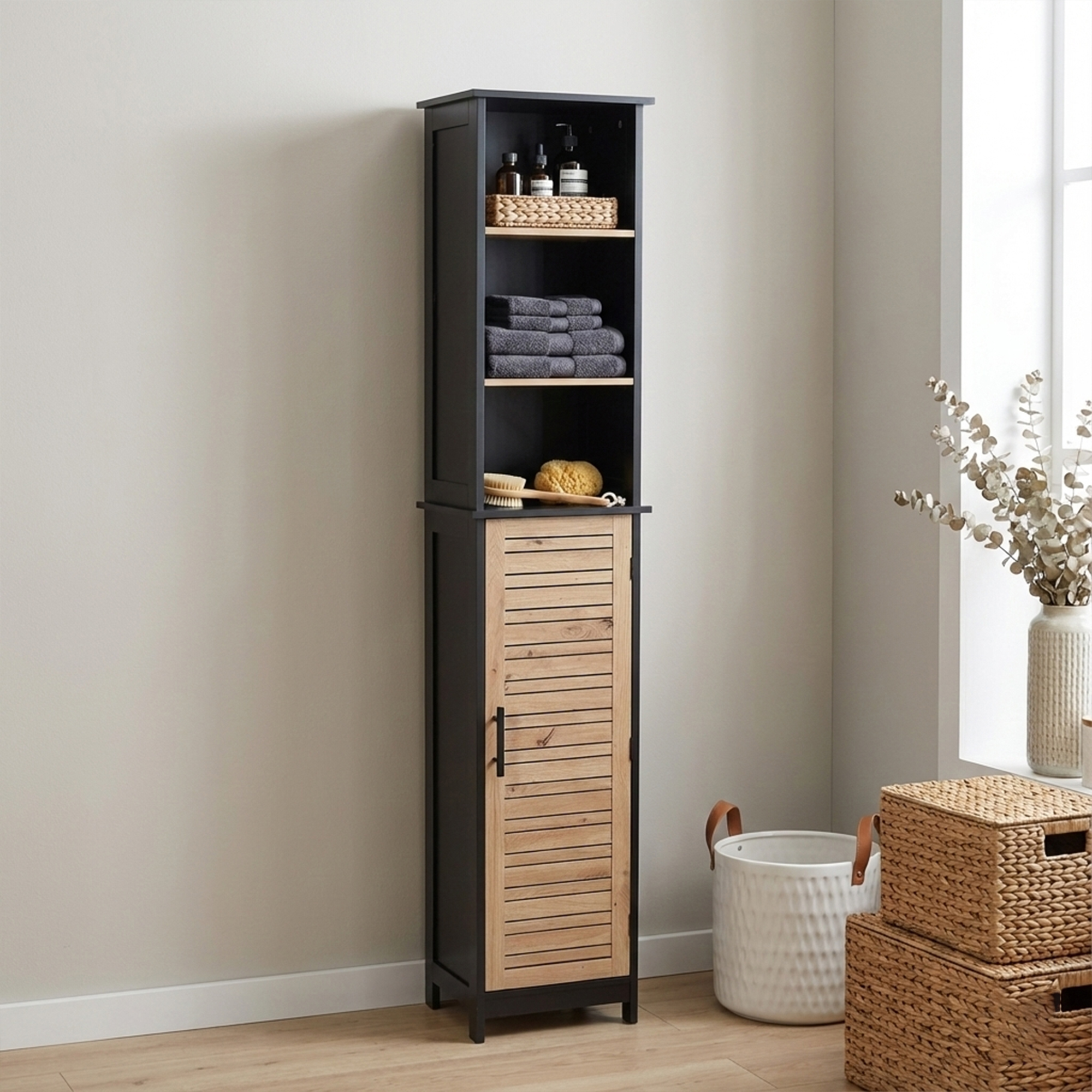 Bathroom storage tower in black with wood slatted door and multiple shelves