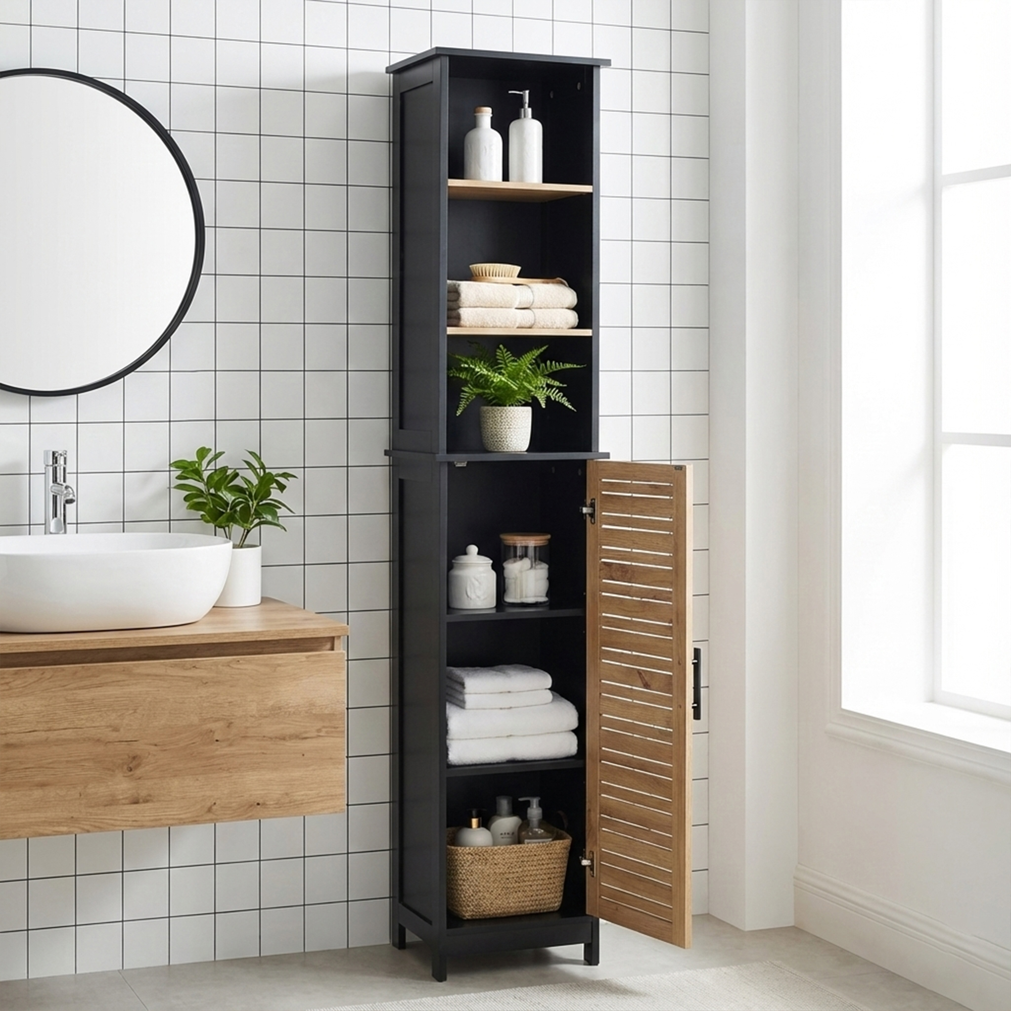 Black tall storage cabinet with open shelves and vented wood door in modern bathroom