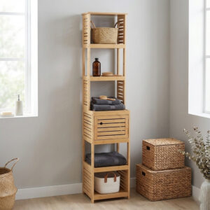 1️⃣ “Bamboo tall bathroom storage cabinet with open shelves and small vented door, styled with towels and baskets”