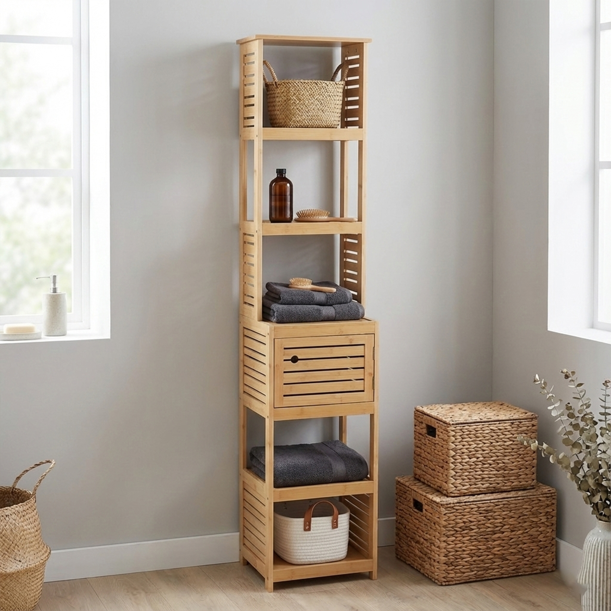 1️⃣ “Bamboo tall bathroom storage cabinet with open shelves and small vented door, styled with towels and baskets”