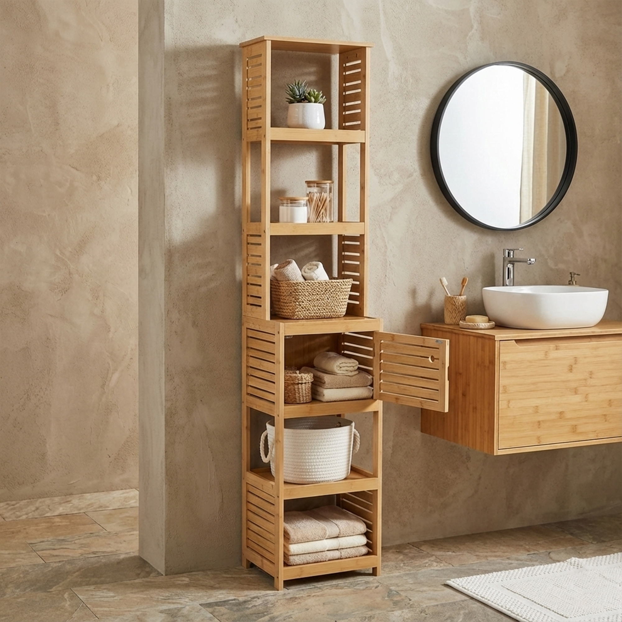2️⃣ “Tall bamboo shelving unit with vented cabinet door, open shelves, and bathroom accessories displayed”