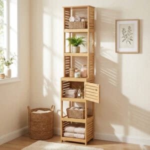 3️⃣ “Freestanding bamboo tower cabinet with open shelves and vented door, styled with towels and storage baskets”
