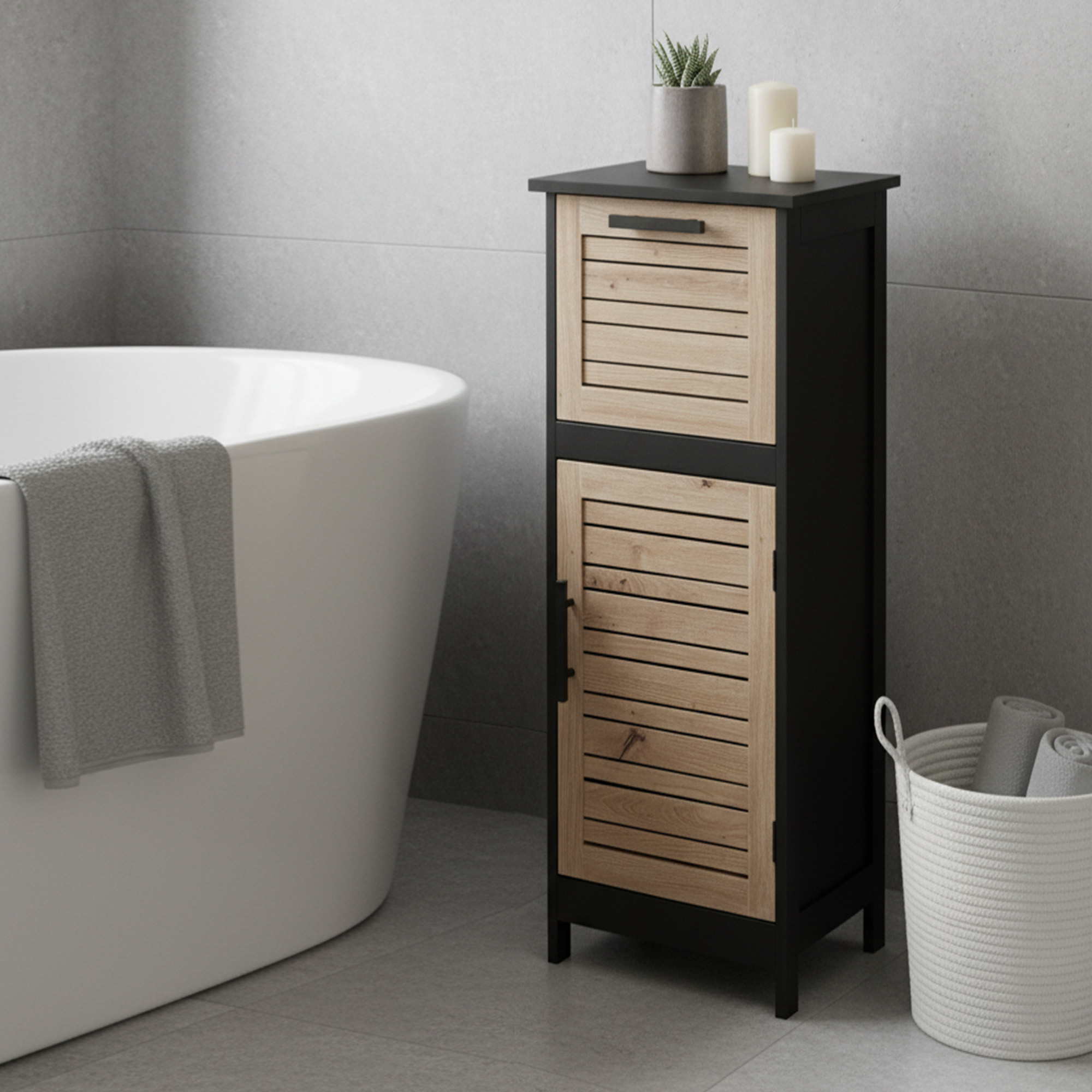 "Black and oak louvered bathroom floor cabinet with upper drawer and lower door, beside a freestanding bathtub"