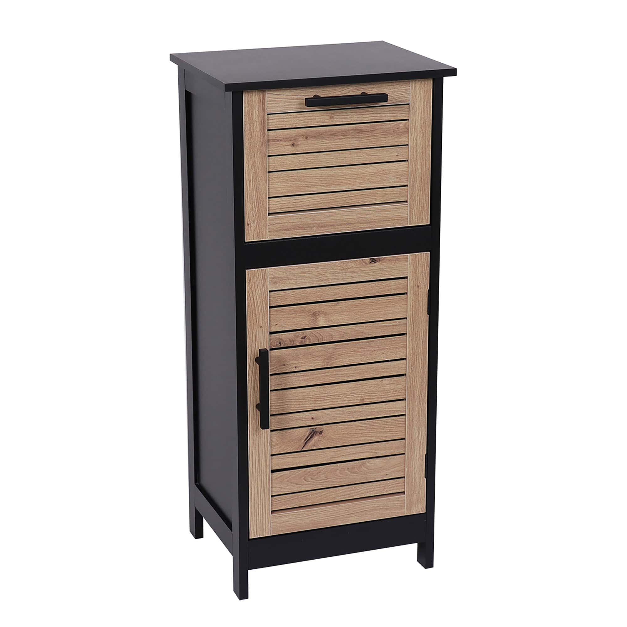 A freestanding black and wood cabinet with a top drawer and lower door with a vented design.