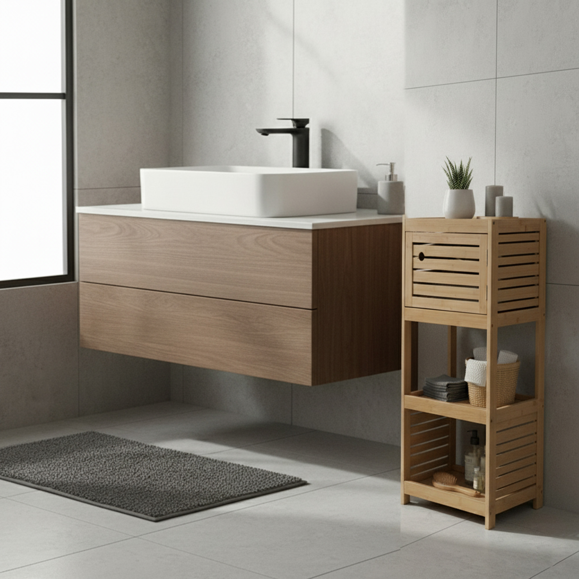 "Natural bamboo storage unit with louvered cabinet door and two open shelves, beside a floating vanity in a modern bathroom"