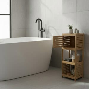 "Open louvered bamboo cabinet door revealing interior shelf, with two open shelves below, beside a freestanding bathtub"