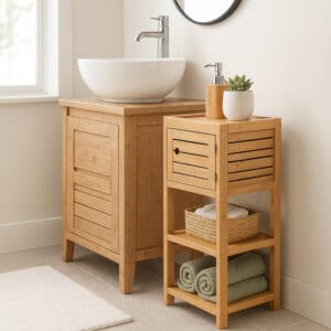 "Compact bamboo cabinet with louvered door and open shelves holding towels and a basket, beside a wooden vanity unit"