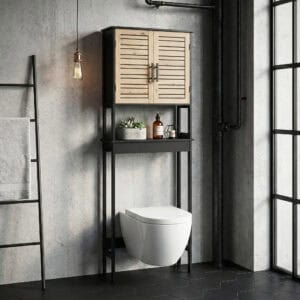 “Black over-the-toilet cabinet with wood-look slatted doors in industrial bathroom”