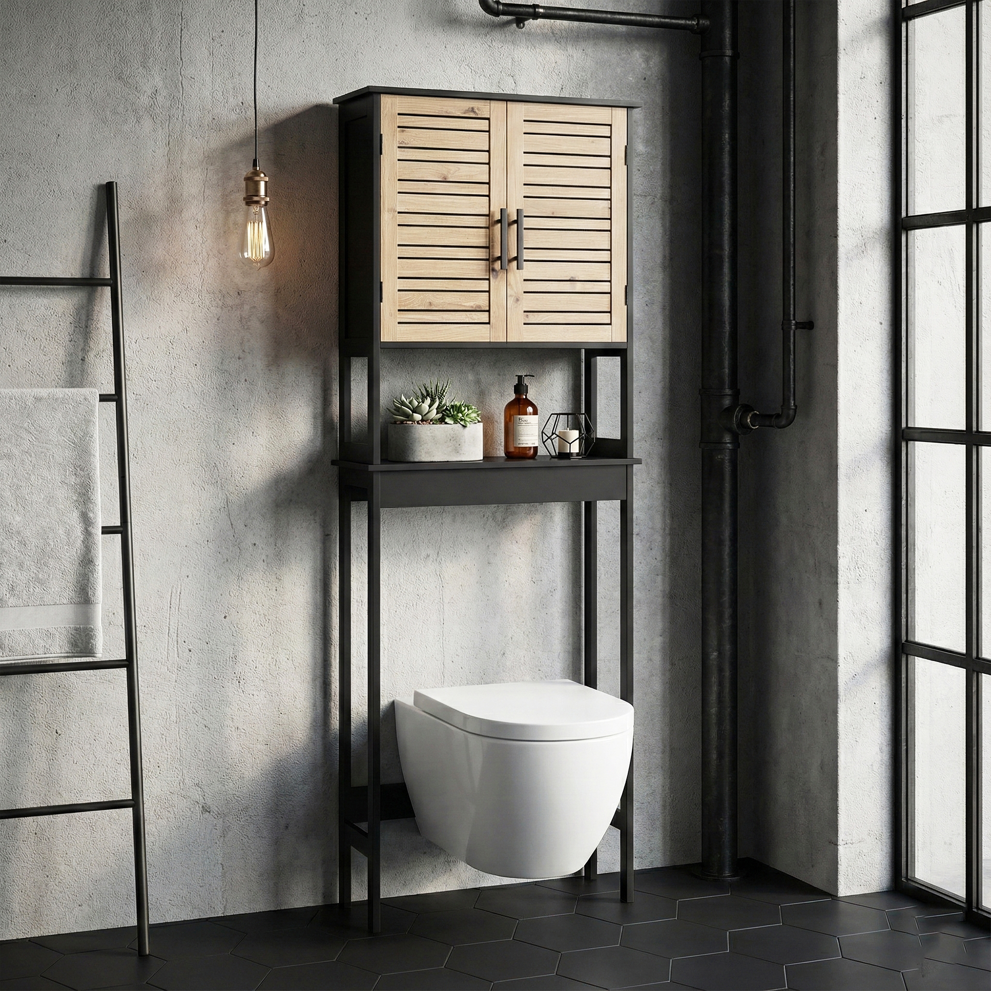 Over The Toilet Storage Cabinet with Double Vented Doors and Open Shelf, Black and Brown - Bergen Collection