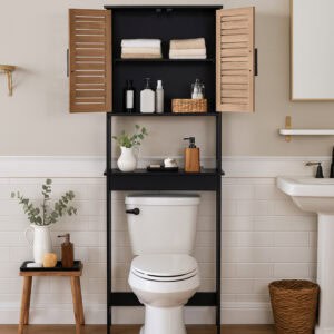 “Black over-the-toilet cabinet with wood-look doors open and toiletries arranged in neutral bathroom”