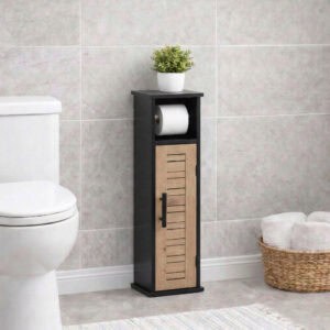 "Black toilet paper cabinet with louvered wood door styled next to toilet in modern bathroom"