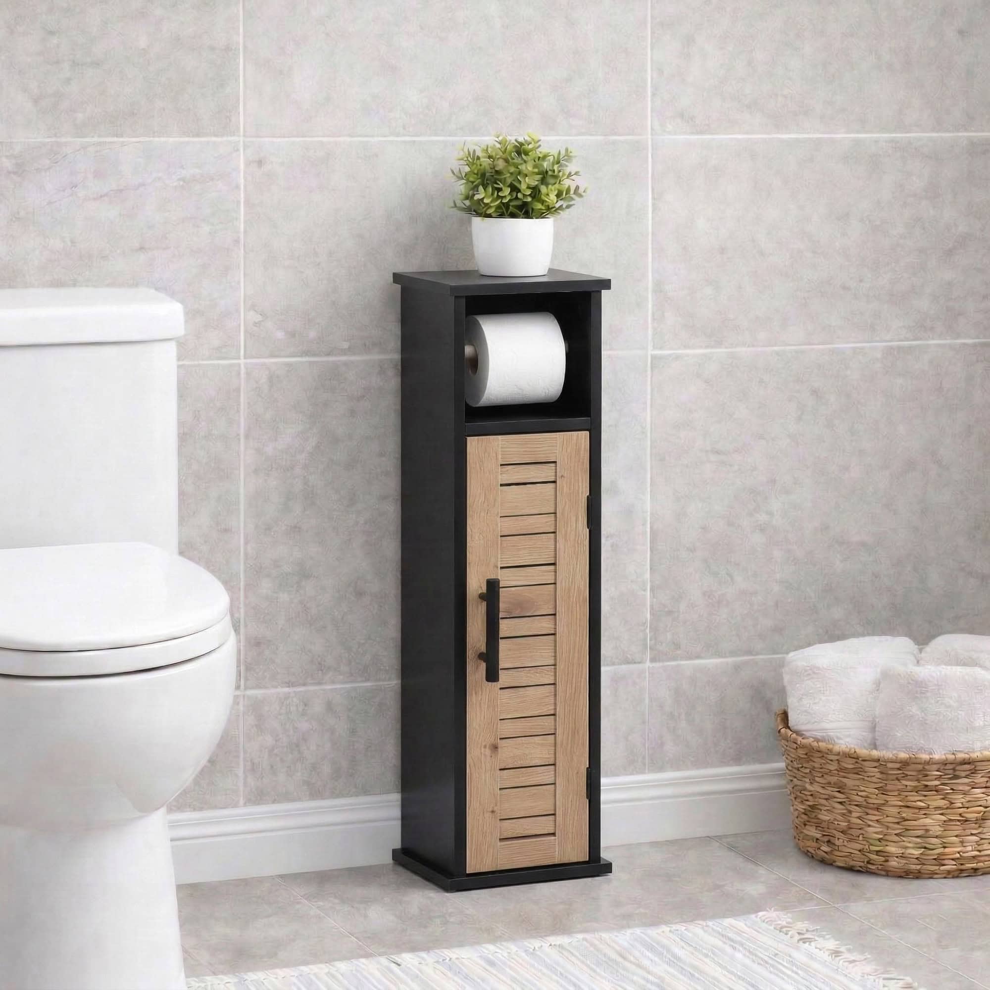 "Black toilet paper cabinet with louvered wood door styled next to toilet in modern bathroom"