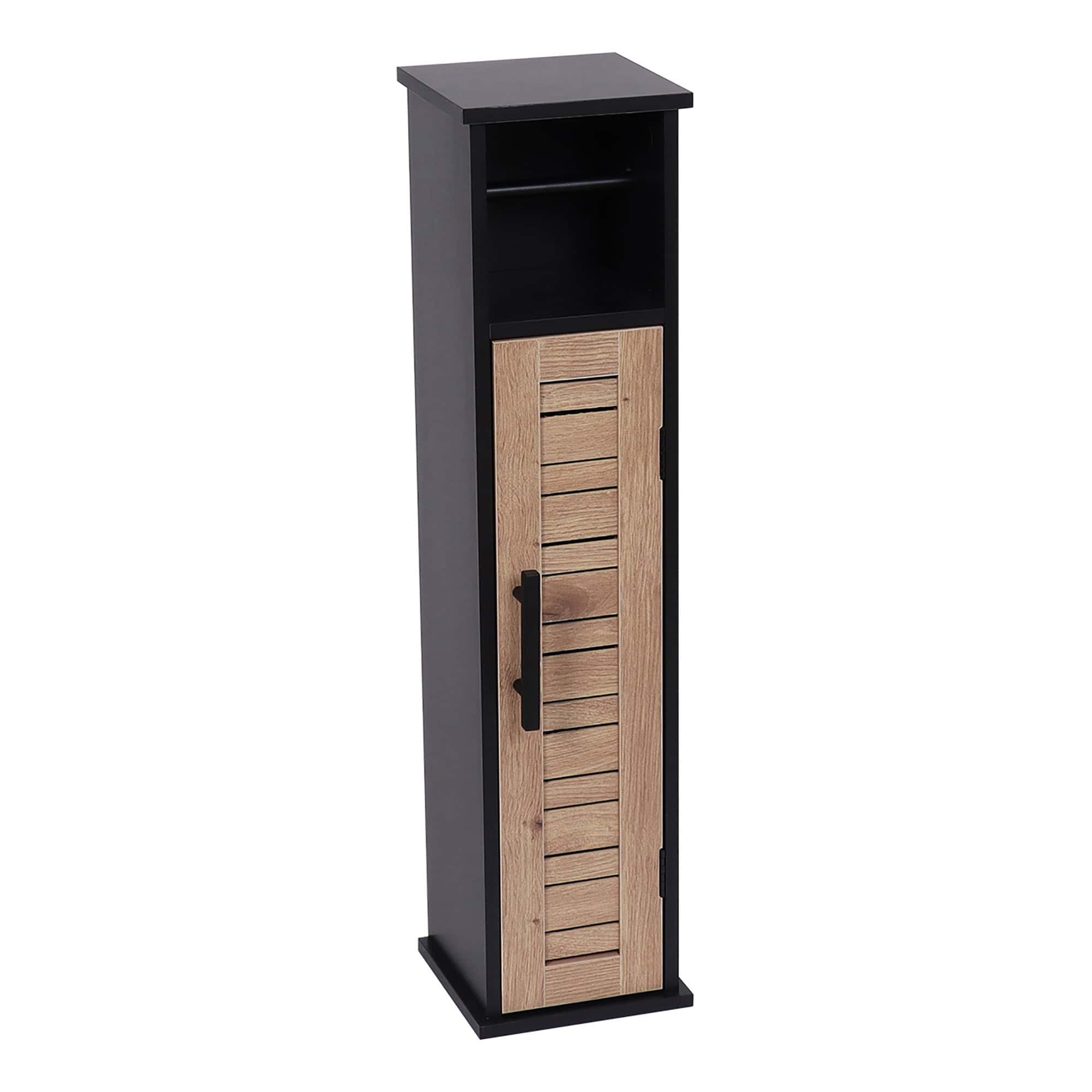 A slim black and wood cabinet with a vented door and open shelf for toilet paper storage.