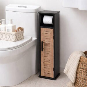 "Slim black storage cabinet with wood shutter door beside toilet, holding toilet paper roll"