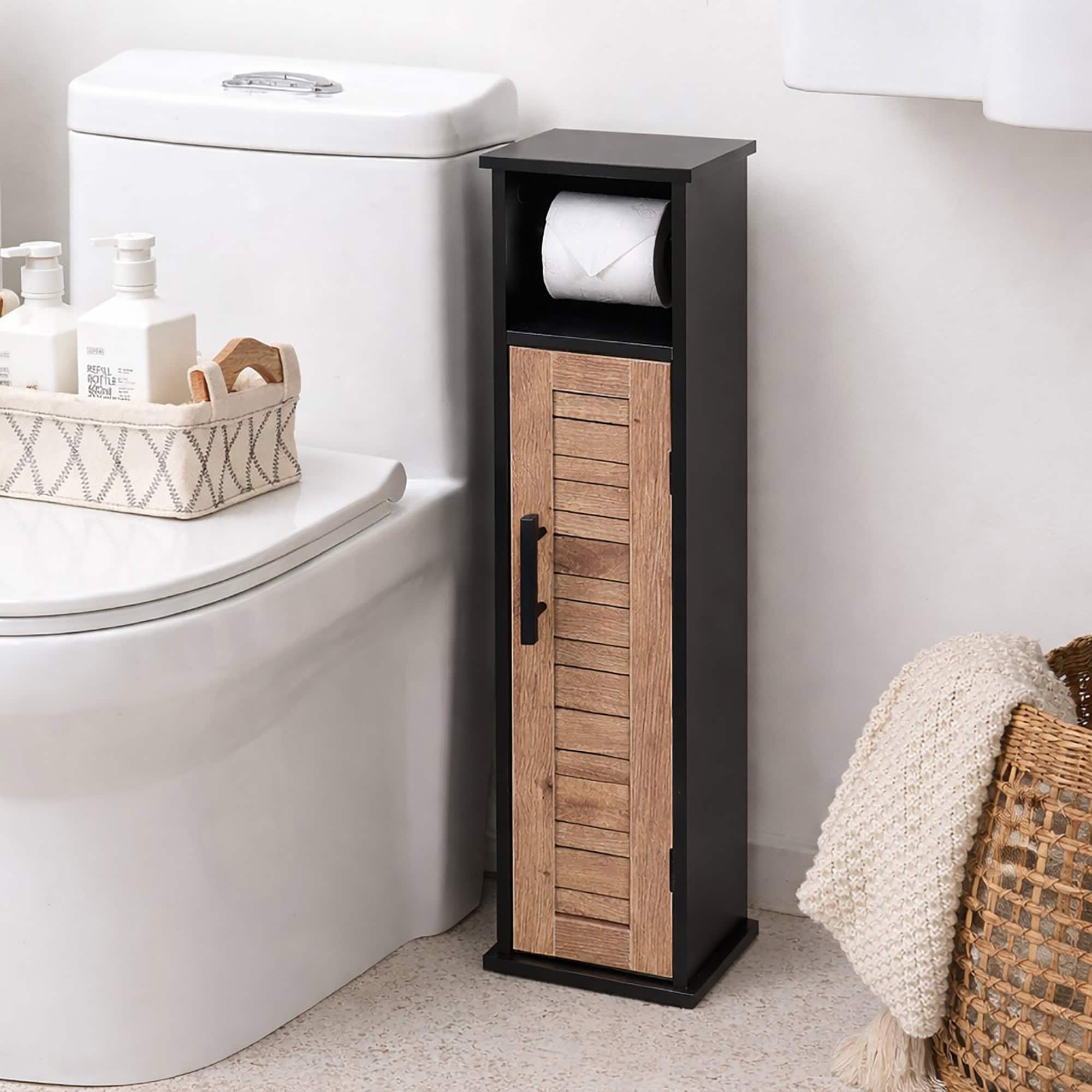 "Slim black storage cabinet with wood shutter door beside toilet, holding toilet paper roll"