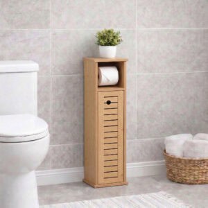 "Natural bamboo toilet paper cabinet with round knob door styled next to toilet"