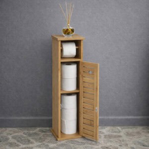Freestanding toilet paper holder with storage cabinet in brown, featuring a slatted wood door and space for multiple rolls.