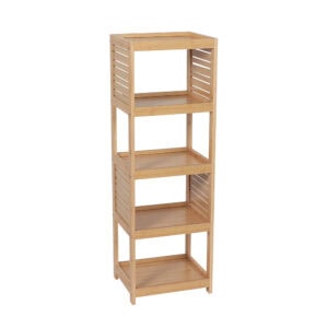 A four-tier bamboo shelving unit with slatted side panels.