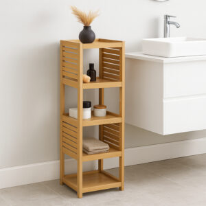A four-tier bamboo shelving unit with slatted side panels.