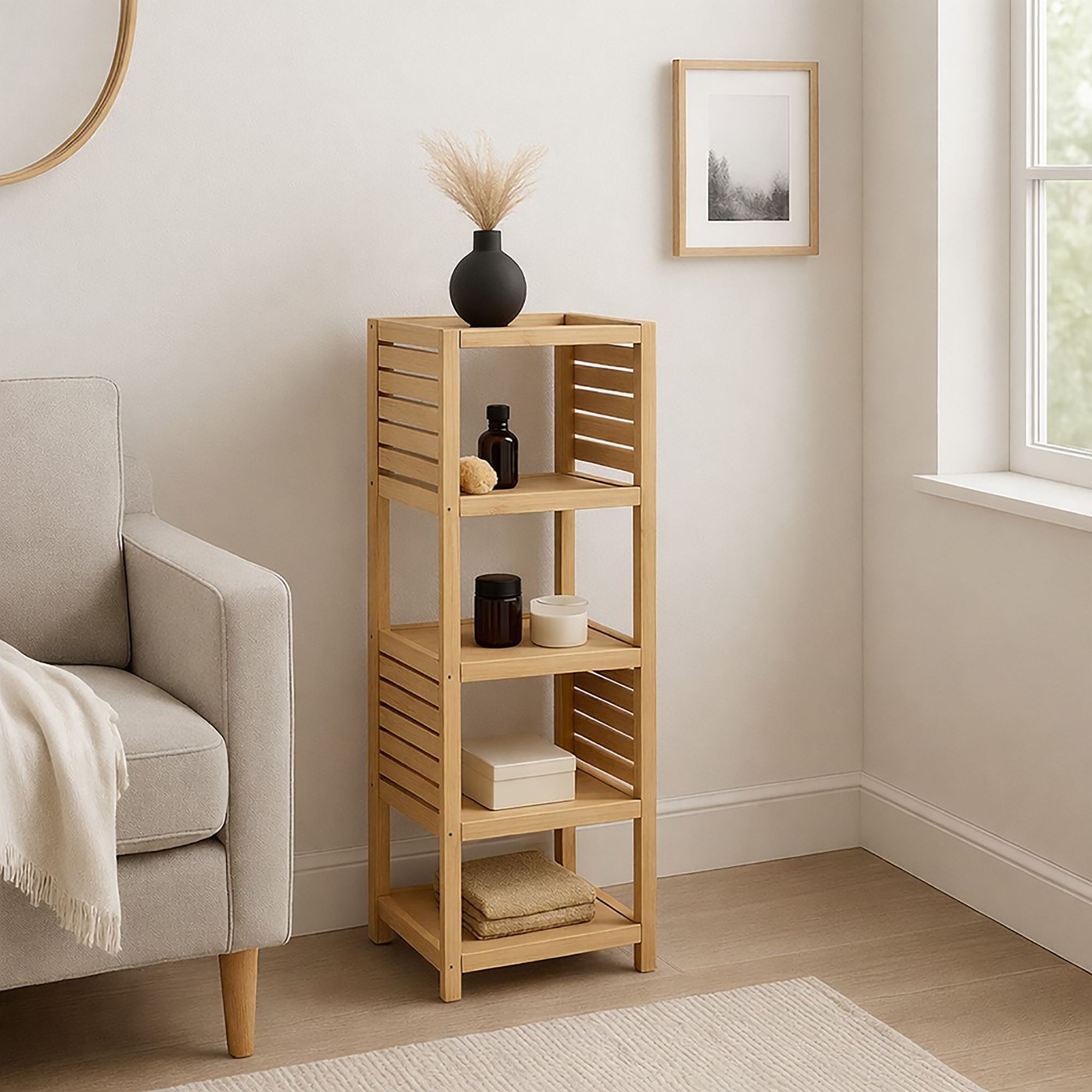 Four-tier freestanding bamboo open shelf unit displaying decorative accessories and toiletries in a neutral living space.