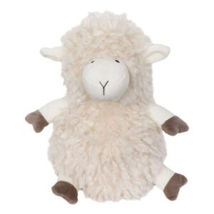 A soft plush sheep door stopper with a fluffy faux wool texture.