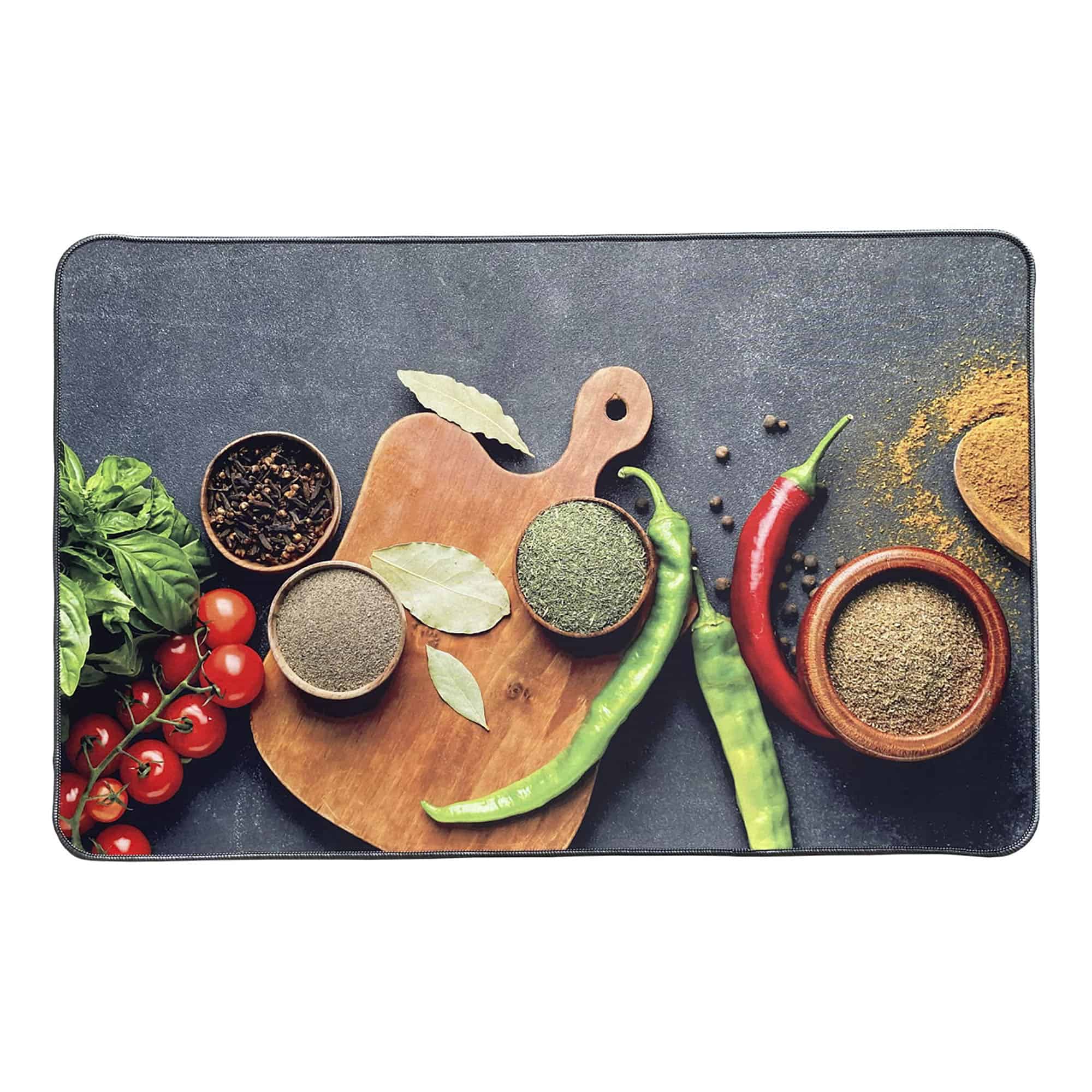 Decorative Kitchen Mat: Kitchen mat with a fresh ingredients design, featuring spices, peppers, and basil.