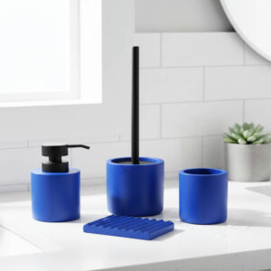 “Blue bathroom accessory set with dispenser, holder, and soap dish on counter”