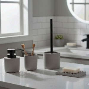 Gray bathroom accessory set with soap dispenser tumbler toilet brush holder on countertop