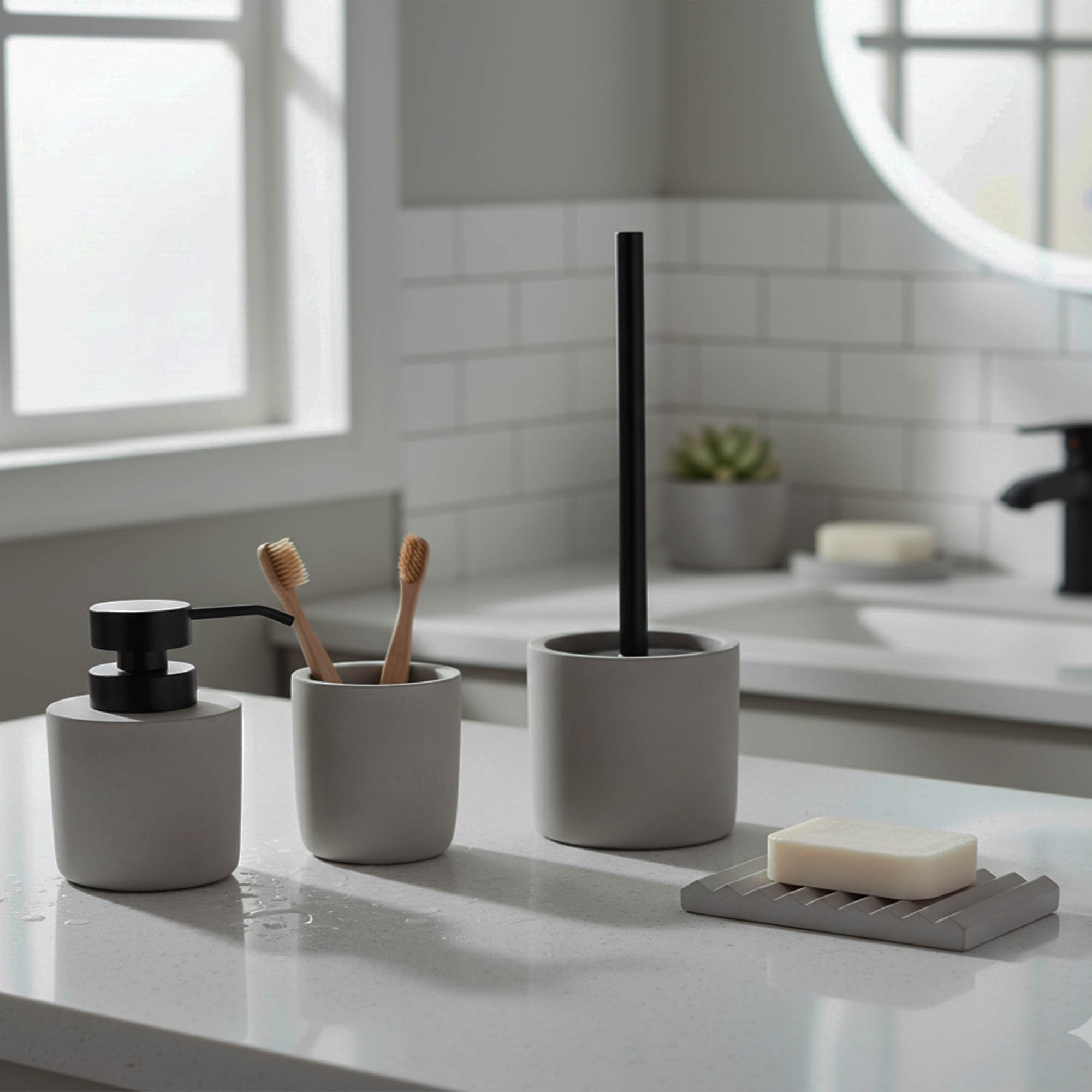 “Gray bathroom accessory set with dispenser, holder, and soap dish on counter”