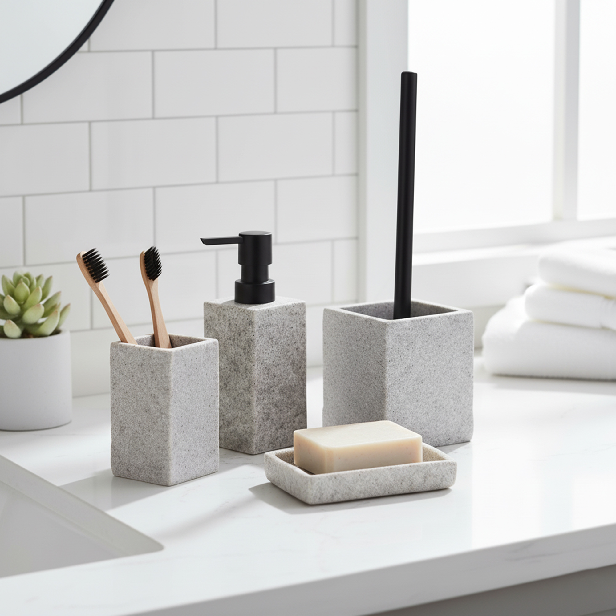 Gray stone effect bathroom accessory set with soap dispenser, tumbler, soap dish, and toilet brush