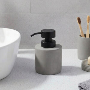 Gray soap dispenser with black pump modern bathroom styling